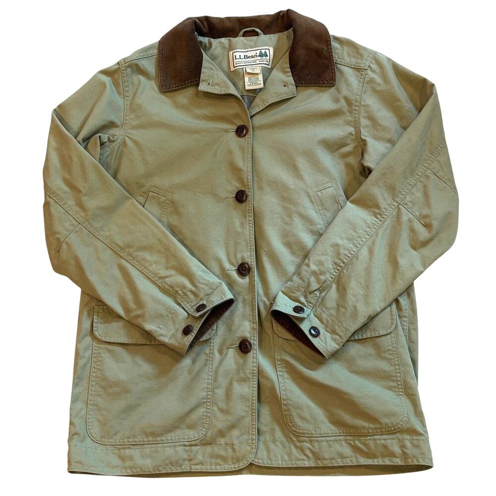 LL Bean Adirondack Flannel Lined Chore Barn Coat Womens Med Green Corduroy Trim